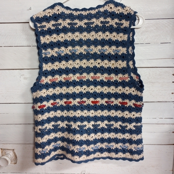 Vintage 1990s Y2K Crochet Vest Blue Cream Stripes Boho Hippie Retro - Picture 11 of 12